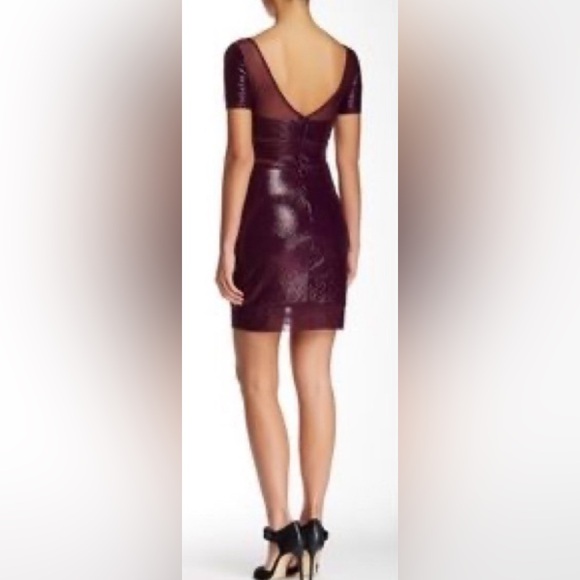 NWT BCBGMaxAzria Short Sleeve Barlow Micro Sequin Illusion Mini Dress Mullberry - Picture 8 of 11